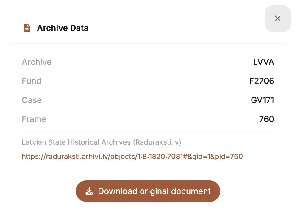 The Archive Data window: archive, fund, case, frame number, a link to Raduraksti.lv, and the Download original document button