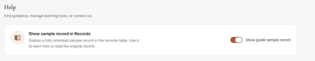 The "Show sample record in Records" toggle on the Help tab — turns the demo record in the results table on and off