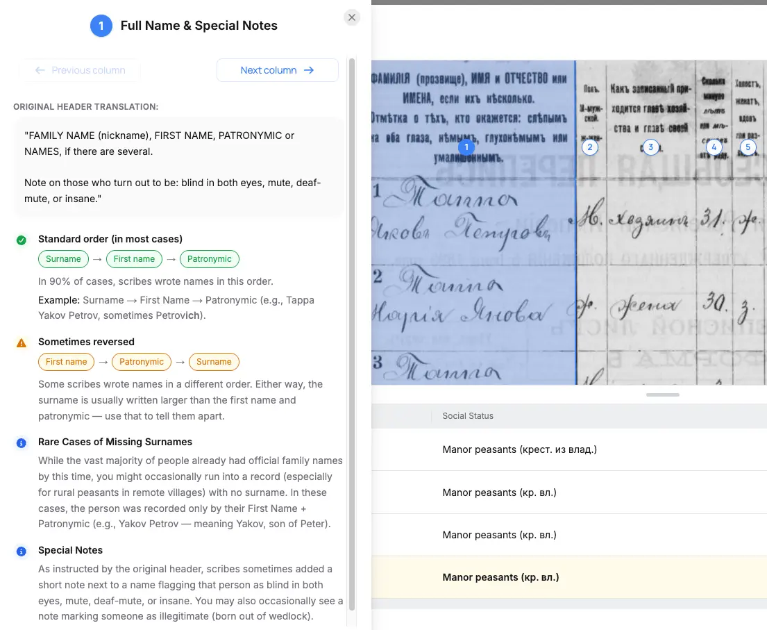 A learning panel breaking down the "Surname, First Name, and Patronymic" column: spelling order, common variants, and clerks' special notes, next to the original scan